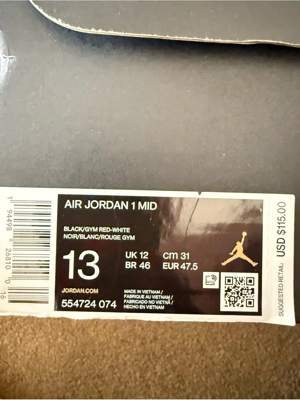 Jordan• 1 Mid in Black, Gym Red, White